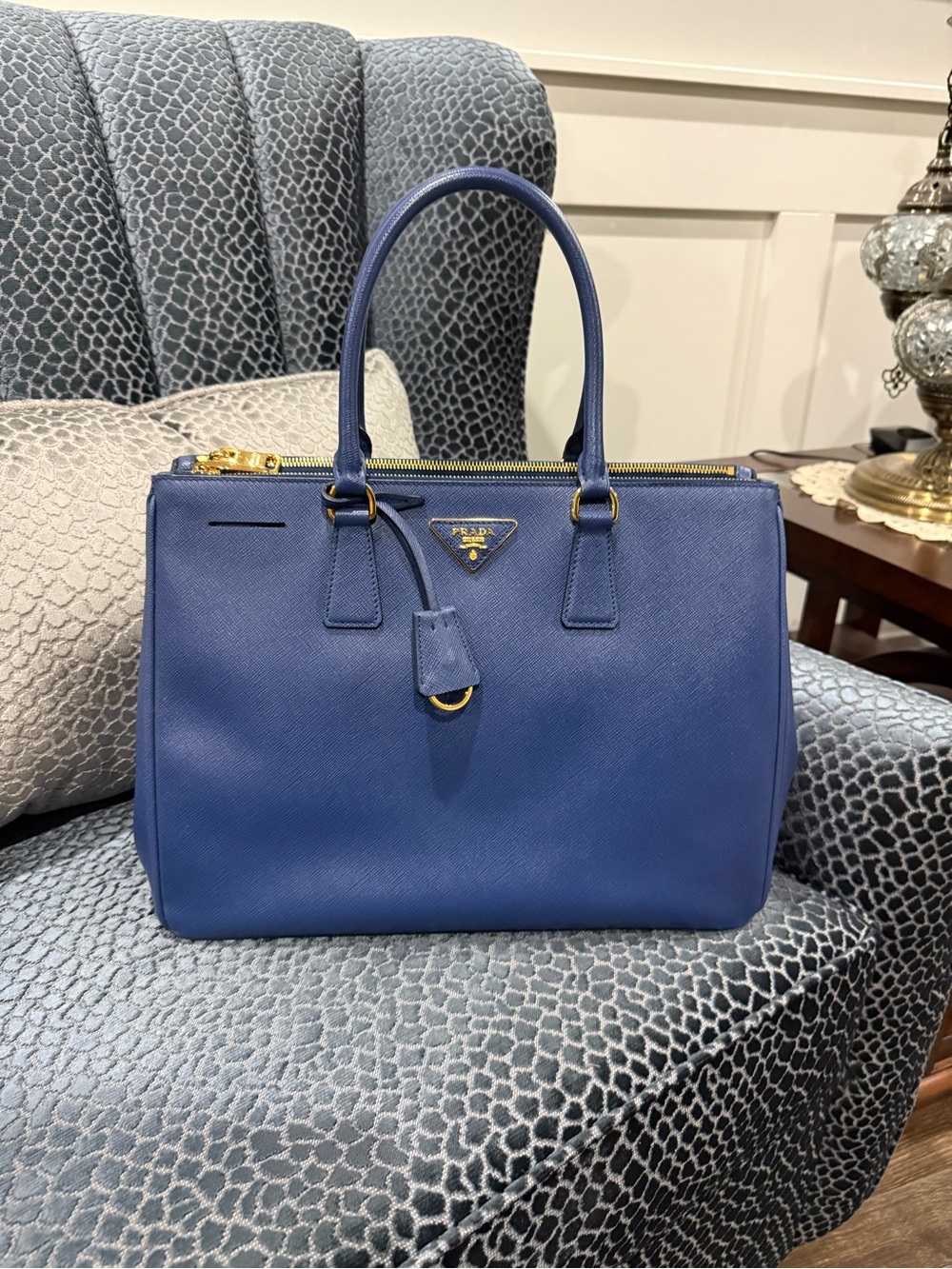 Prada Blue Saffiano Leather Satchel with Gold Hardware